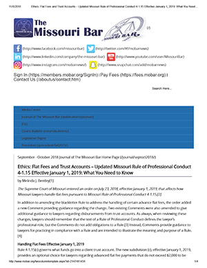 Flat Fees and Trust Accounts – Updated Missouri Rule of Professional Conduct 4-1.15 Effective January 1, 2019  (September-October 2018)